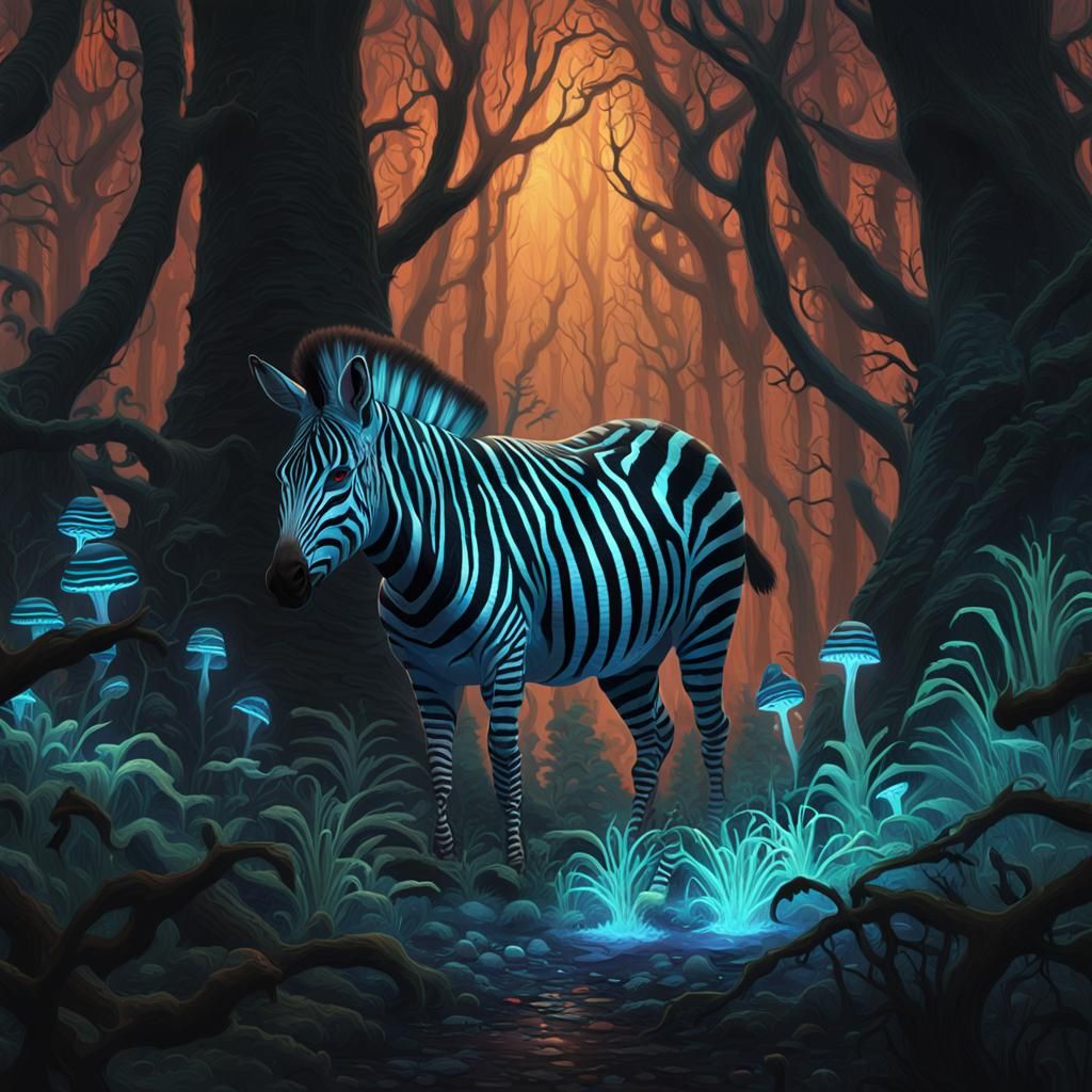 Mystical Zebra in Bioluminescent Forest: Dark Fantasy Art