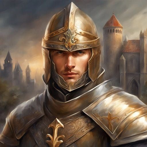 Handsome Knight with Cross in Medieval City