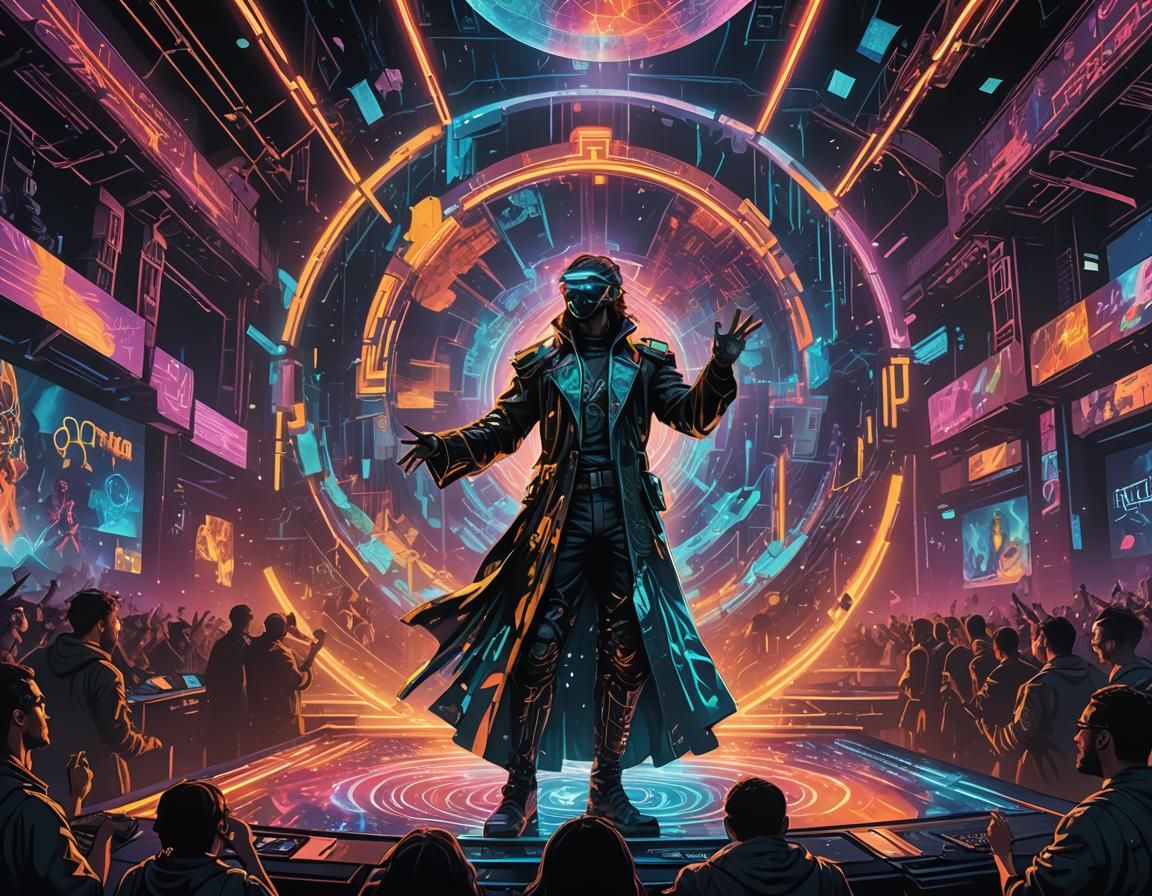 Cyberpunk Concert Hologram Artist in Vibrant Neon Light