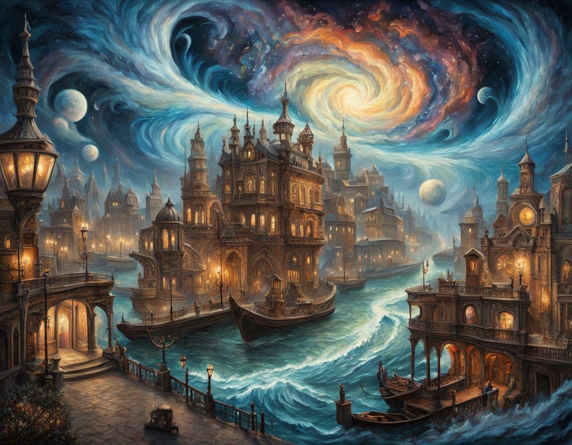 Surreal Victorian Port in Cosmic Blizzard Oil Painting