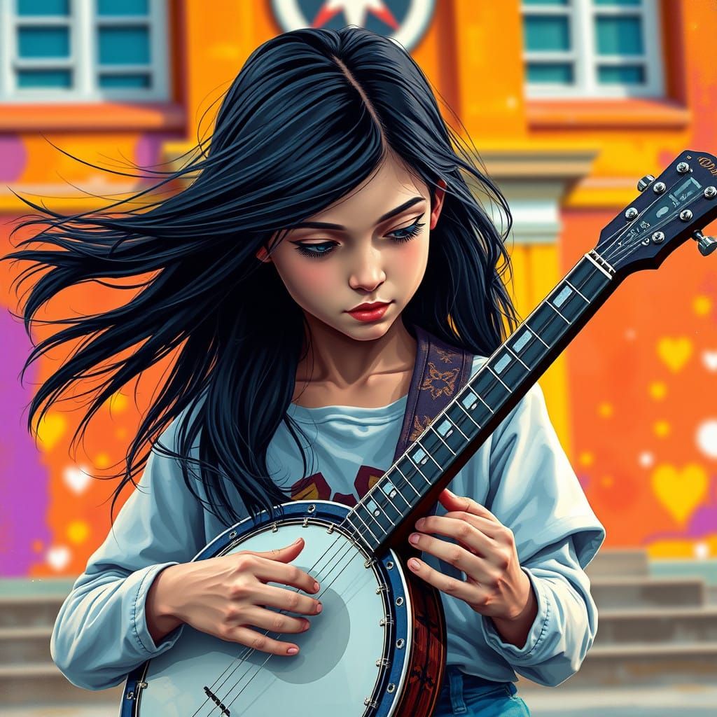 Hyperrealistic Portrait of Girl Playing Banjo in Front of Sc...