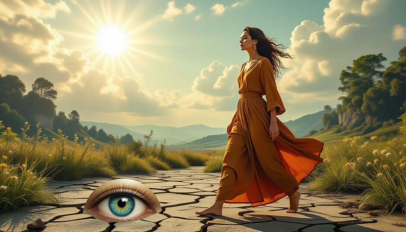 Barefoot Woman in Surreal Dreamscape: Digital Bio Art