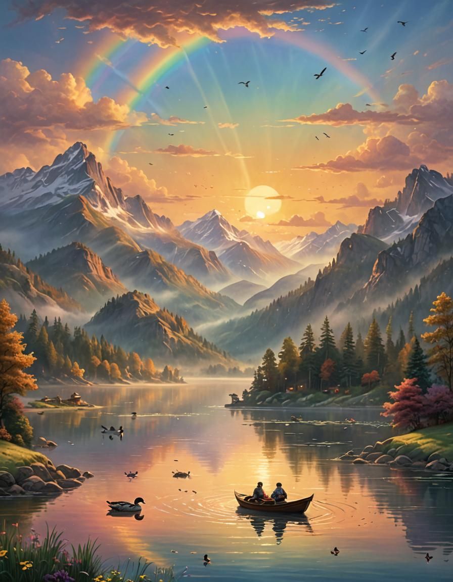 Ethereal Sunset Mountain Landscape in Oil Painting Style