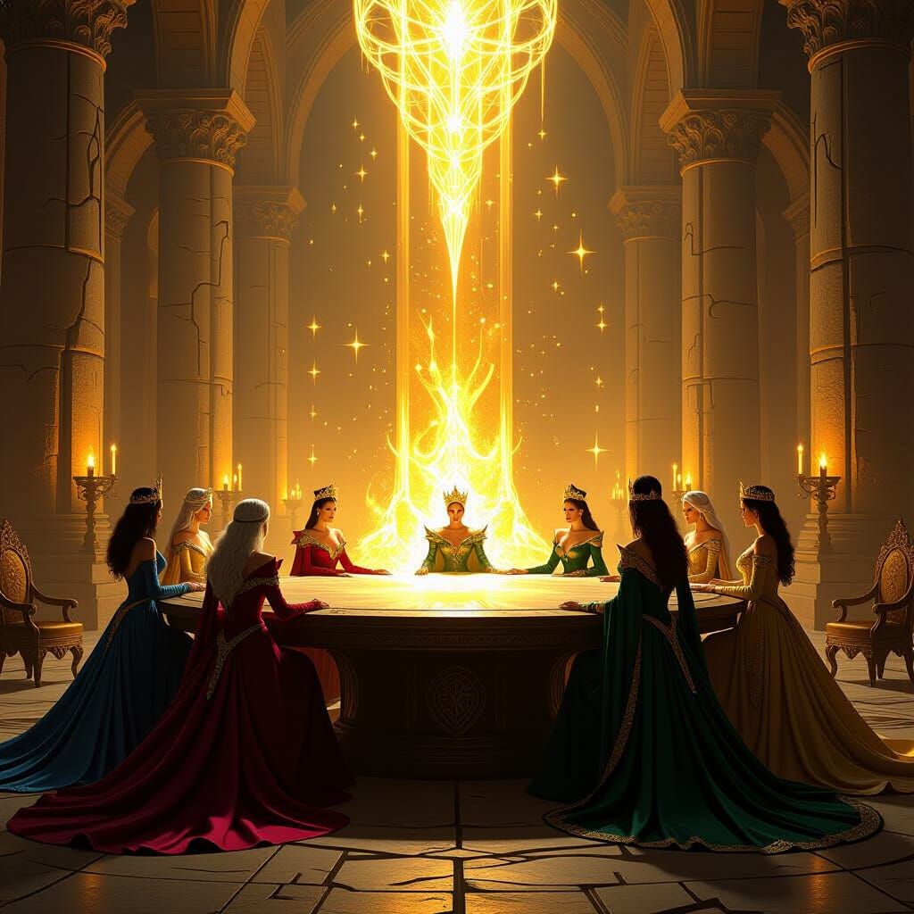 Fantasy War Council Scene with Regal Queens