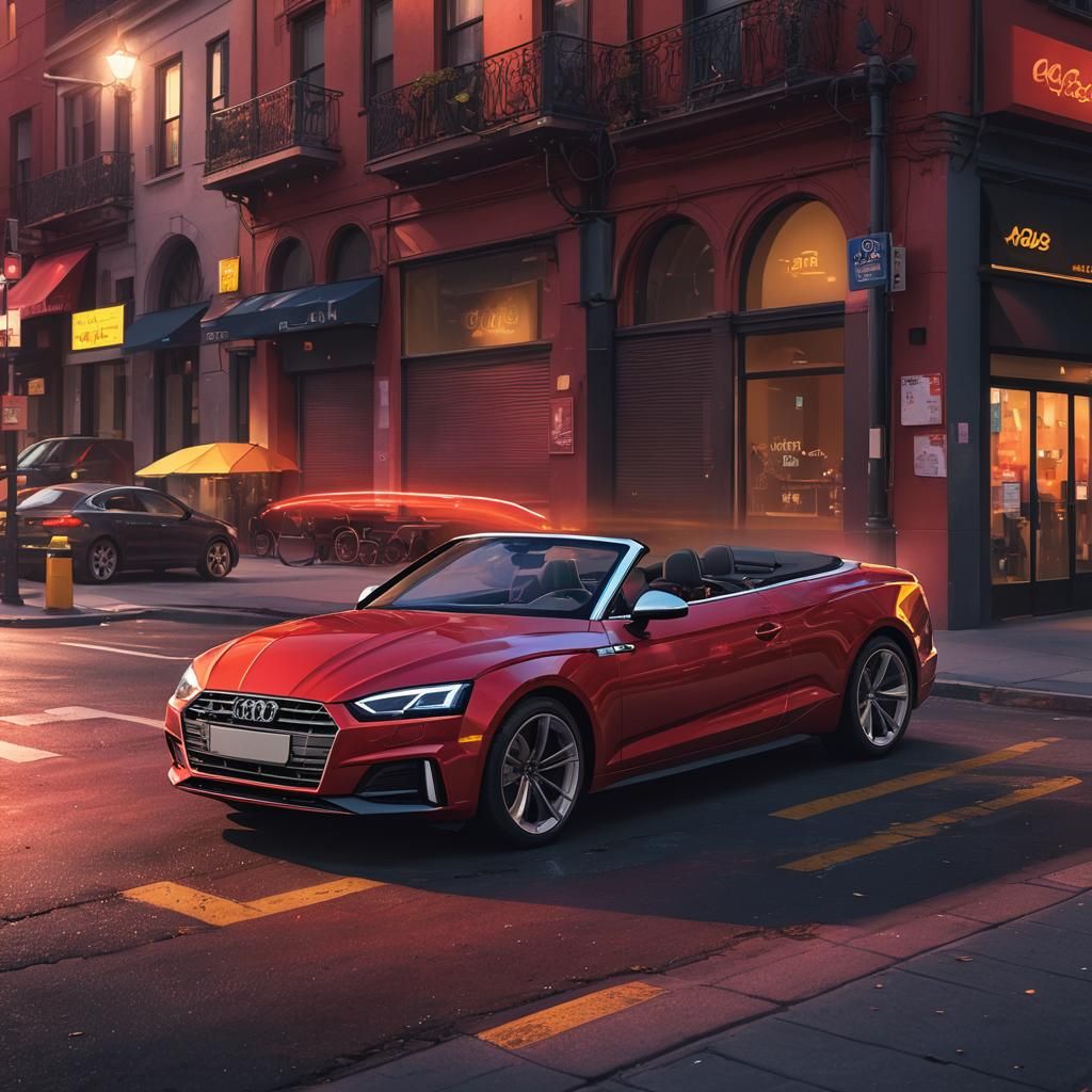 Red Audi A5 Convertible in Neon Cityscape