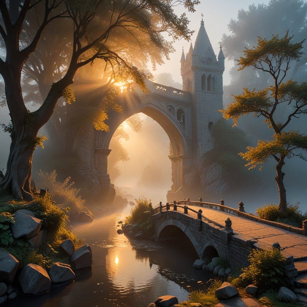 Ethereal Gothic Bridge at Dawn in Intricate Stone Carvings