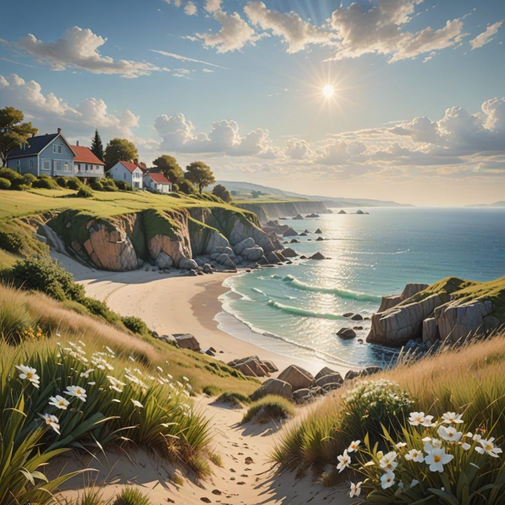 Dreamy Summer Coastal Landscape in Soft Sunlight
