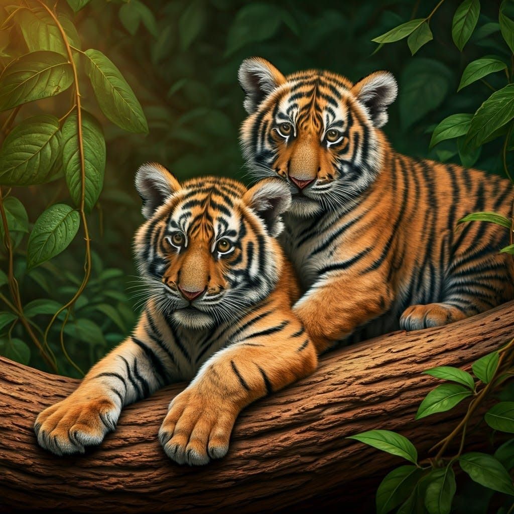 Tiger Cubs in Golden Jungle Light