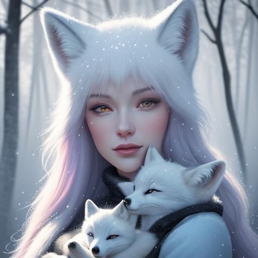 Woman with Arctic Fox in Winter Woods