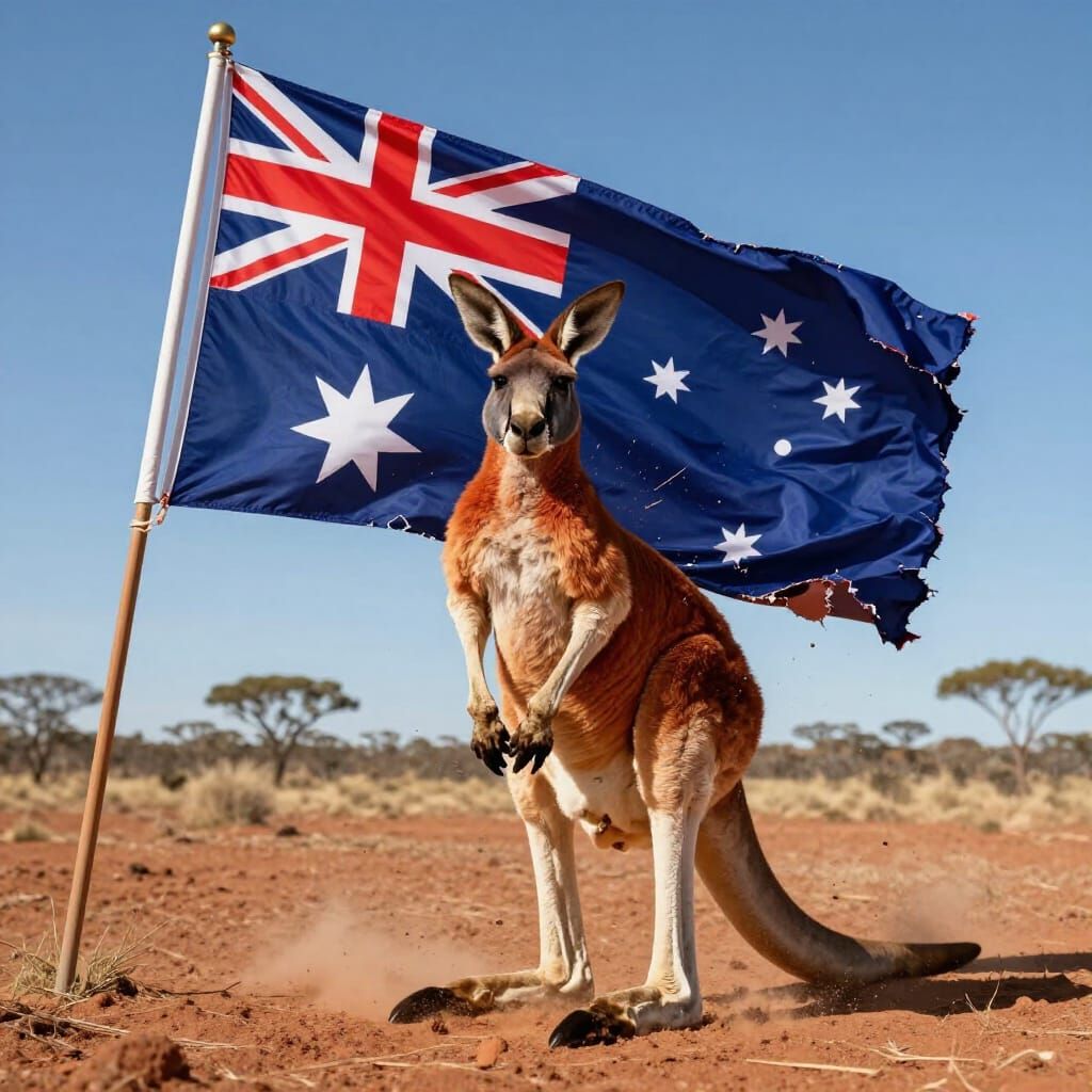 Red Kangaroo Rips Through Australian Flag in Outback