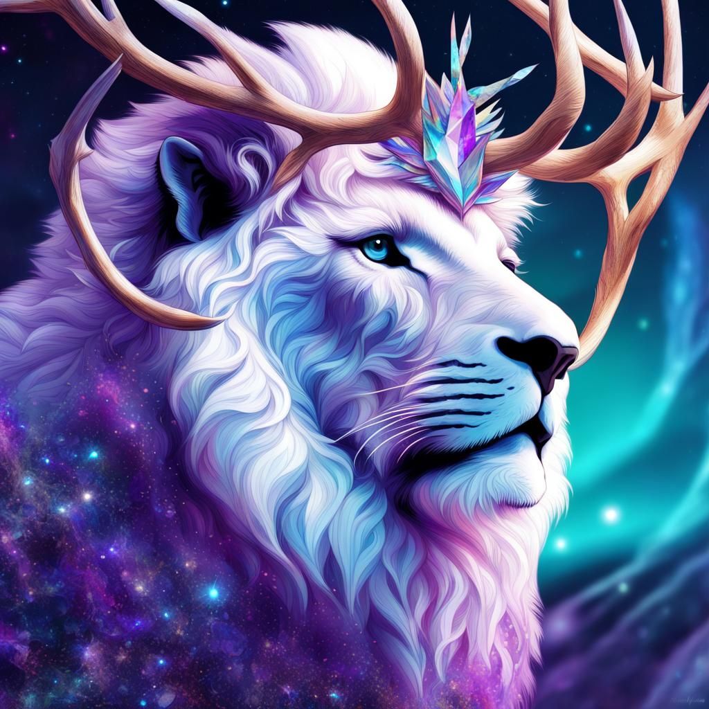 Astral Lion with Crystal Antlers: Pablo Amaringo Style