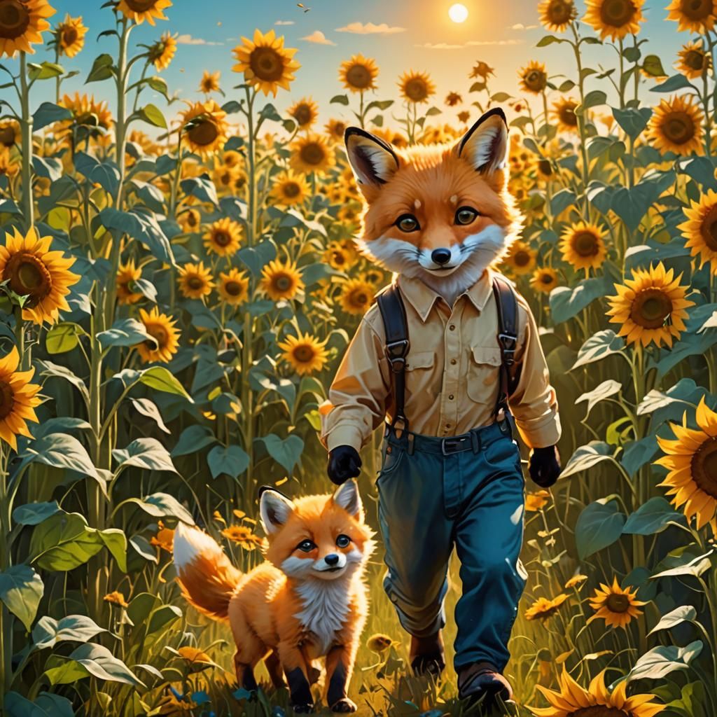 Fox and Kitten in Sunflower Field, Watercolor Art