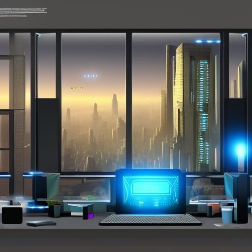 Futuristic Cyberpunk Office Overlooking Holographic City