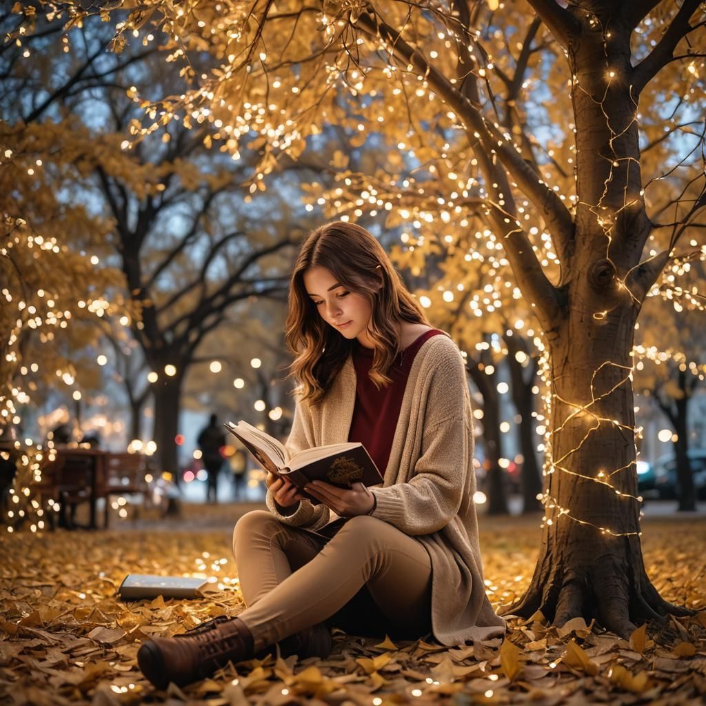 Girl Reading Under Golden Tree with Bokeh