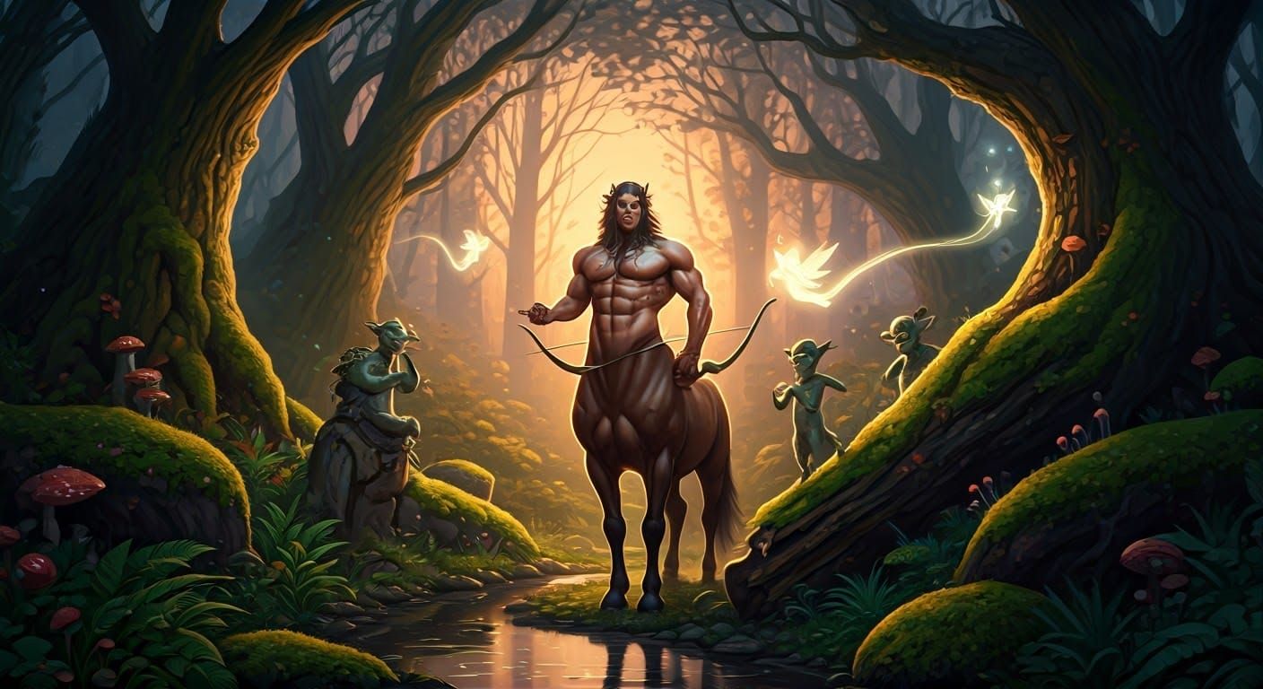 Mystical Forest Scene at Dusk with Centaur, Satyr, Troll, an...