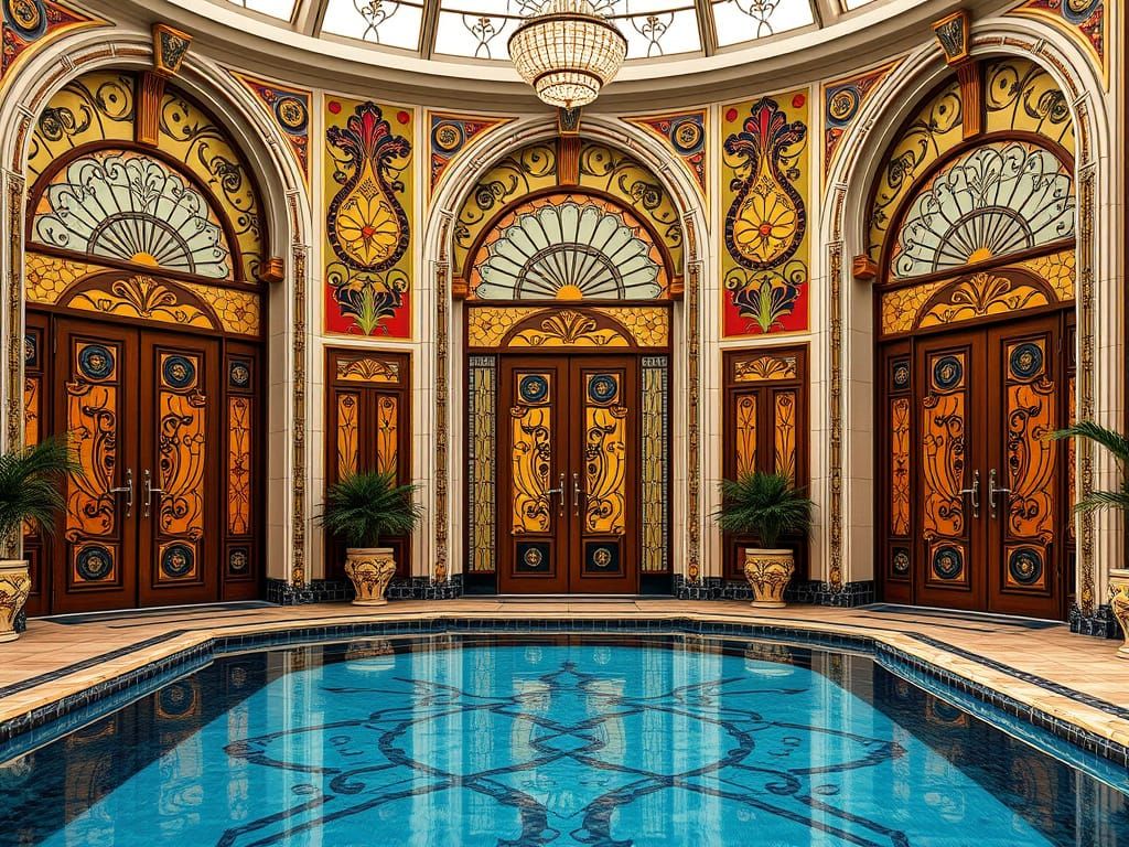 Luxurious Pool Surrounded by Art Deco and Art Nouveau Doors