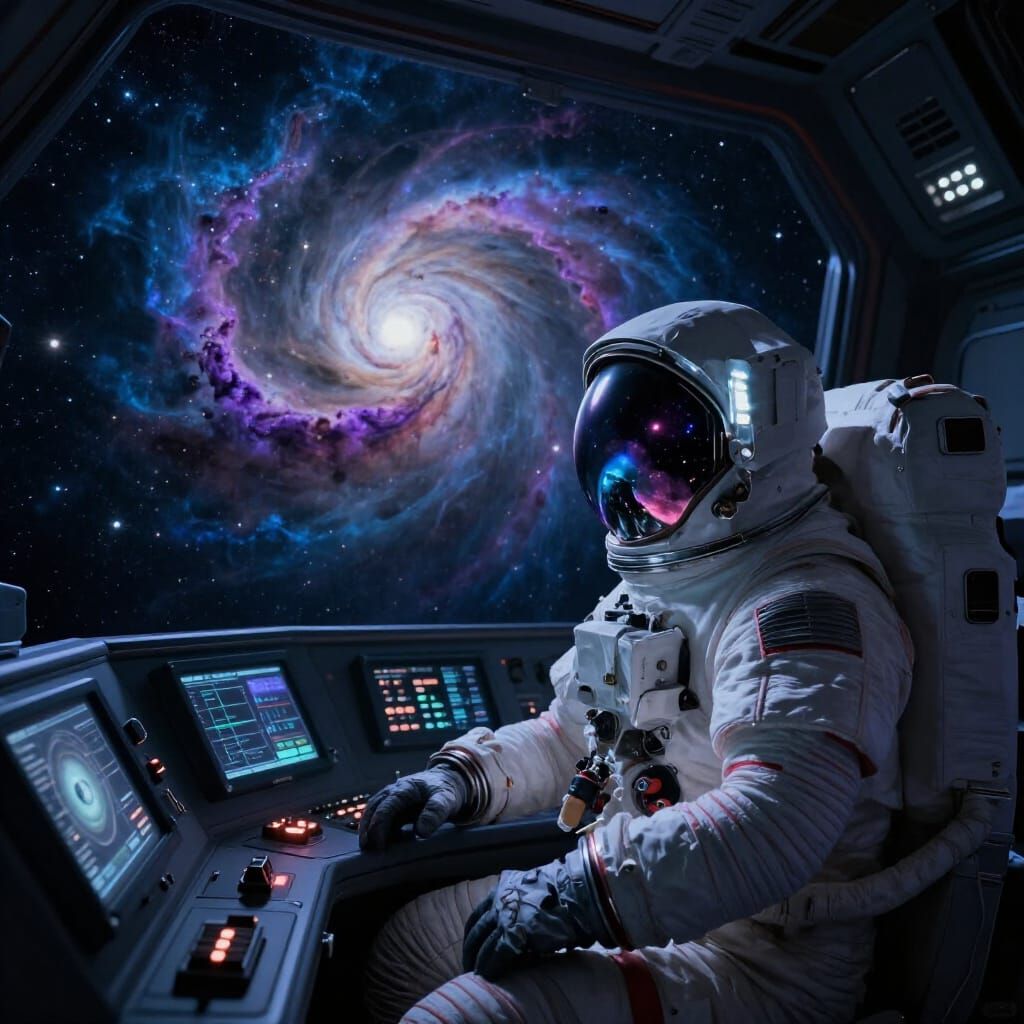 Astronaut Reflects Cosmic Nebula in Spaceship