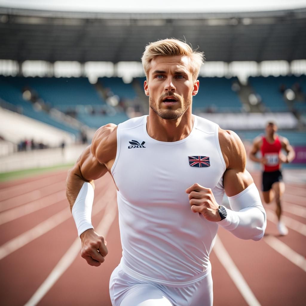 Muscular Blond Runner in White Spandex Suit