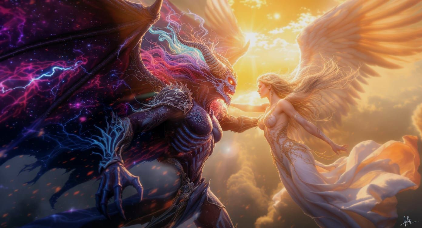 Colorful Demon Attacks Angel Amidst Nebulae