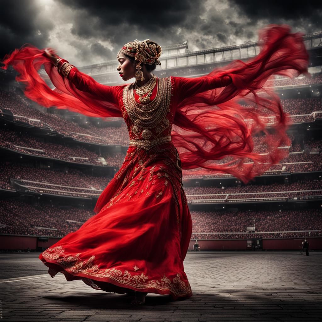 Hyperrealistic Red Dressed Dancer in Sharp Focus