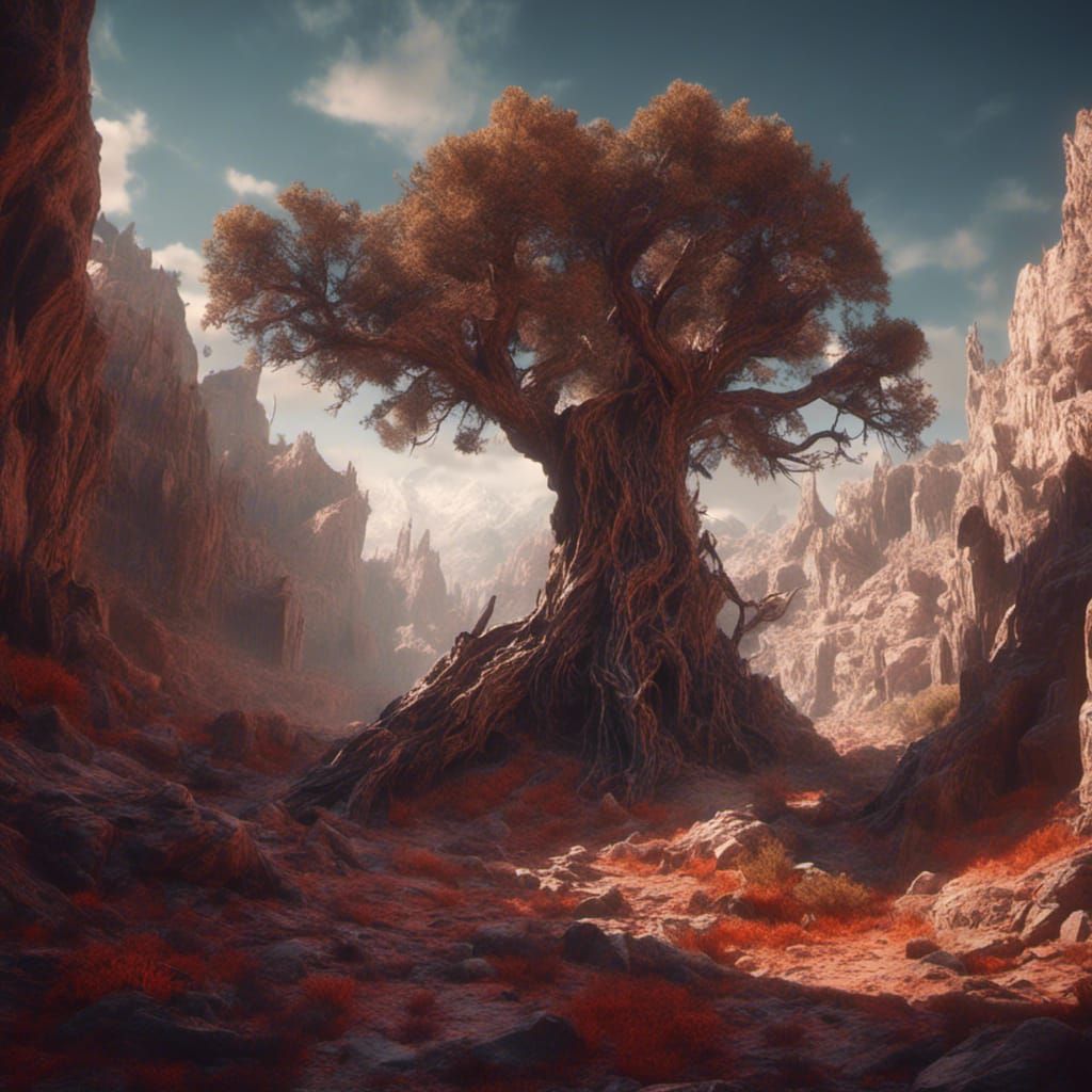 Juniper Tree Spanning Rocky Gorge, Detailed Matte Painting