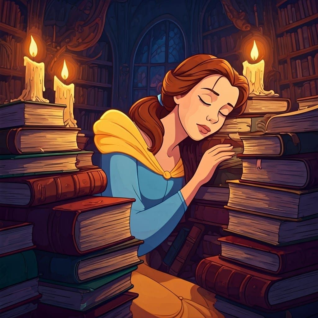 Whimsical Belle in a Dreamlike Library