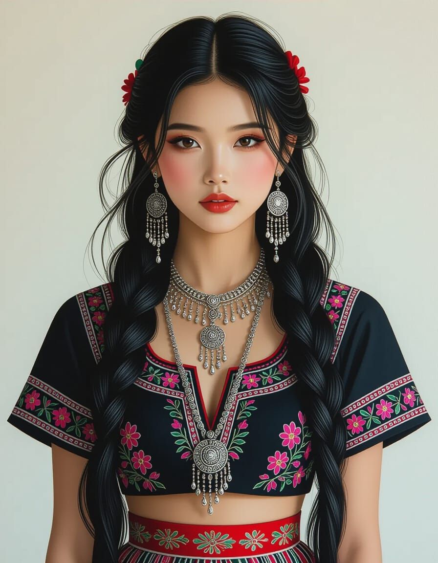 Hmong Girl in Traditional Dress with Gouache Detailing