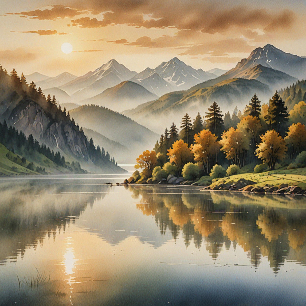 Warm Watercolor Landscape of Majestic Mountains and Serene L...