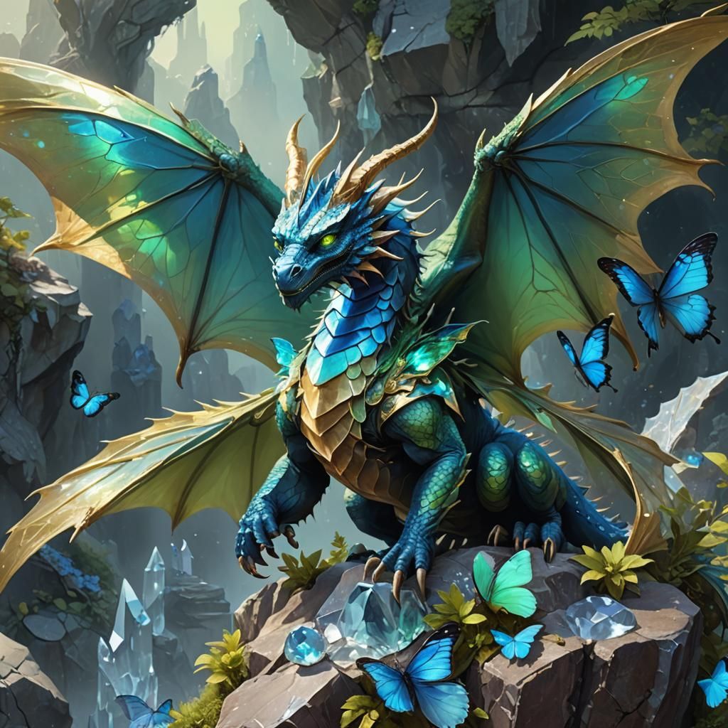 Dragon with Butterfly Wings on Crystal Outcropping