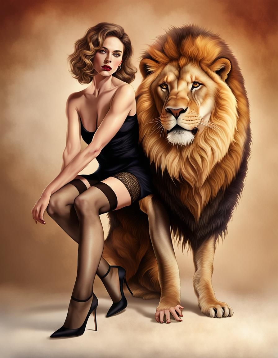Woman Taming Lion in Golden Light: Realistic Fantasy