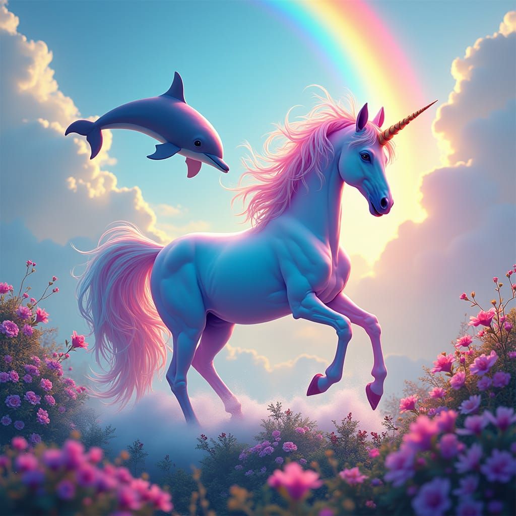 Iridescent Unicorn and Dolphin in Rainbow Aura