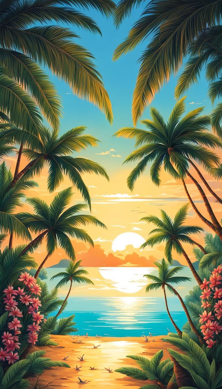 Tropical Island Sunset with Exotic Flowers