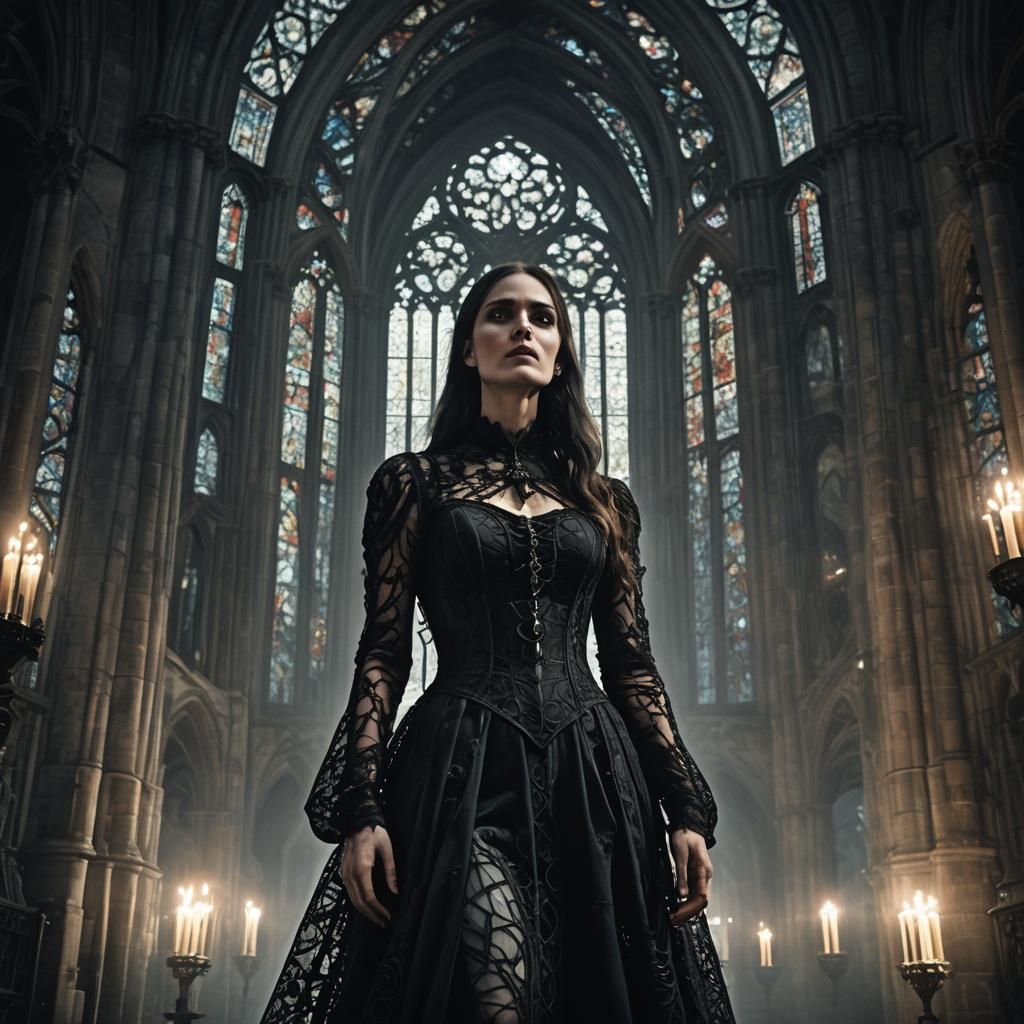 Inspired by H.R. Giger, Dark, eerie, Gothic cathedral architecture, stained glass, moonlight, shadows, Victorian, macabr...