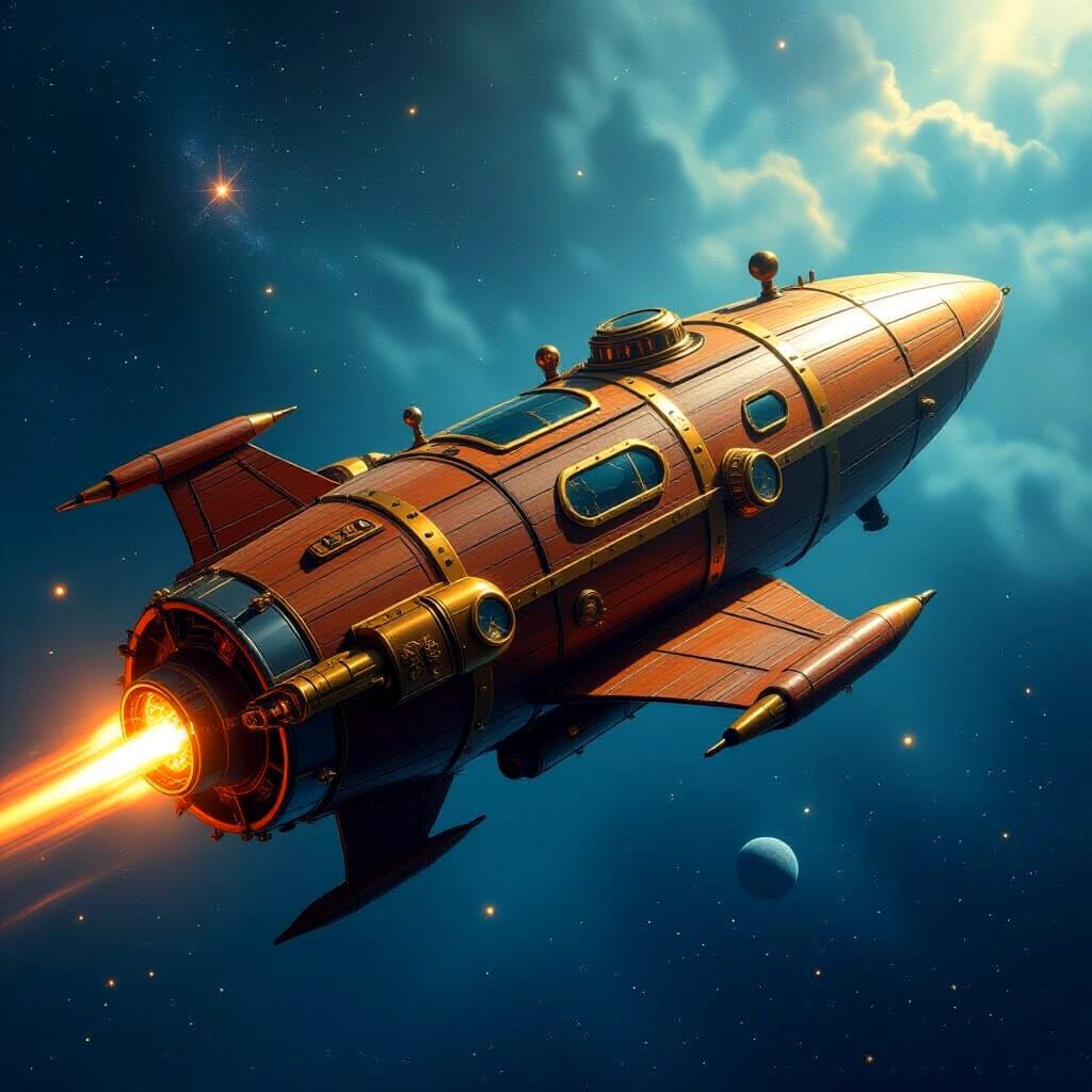 Steampunk Spaceship Amidst Stars