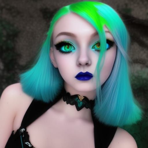 Ethereal young lady with iridescent blue hair with Green highlights& green eyes& sliver eyeshadow with blue eyeliner& Bl...