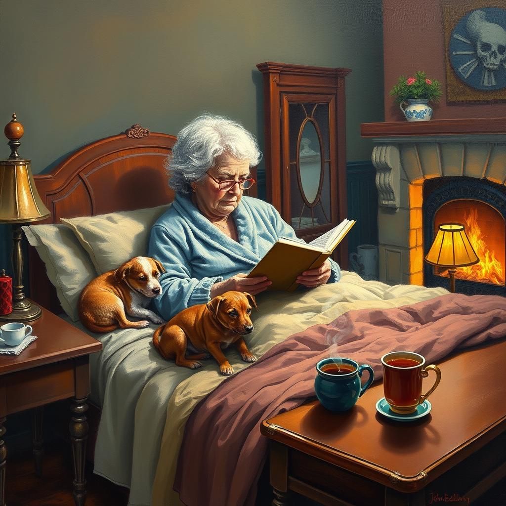 Cozy Granny Reading, Post-Impressionistic Oil Painting