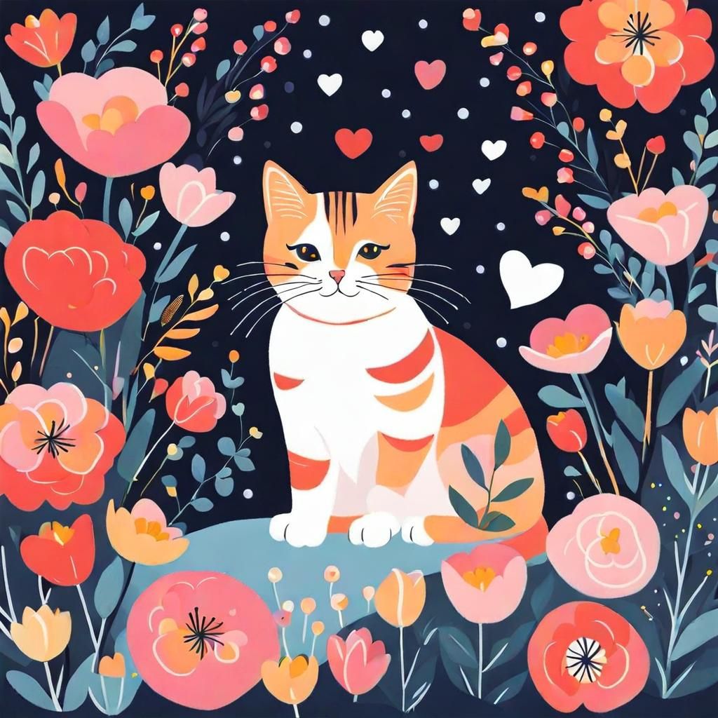 Cat with Flowers in Expressionist Style