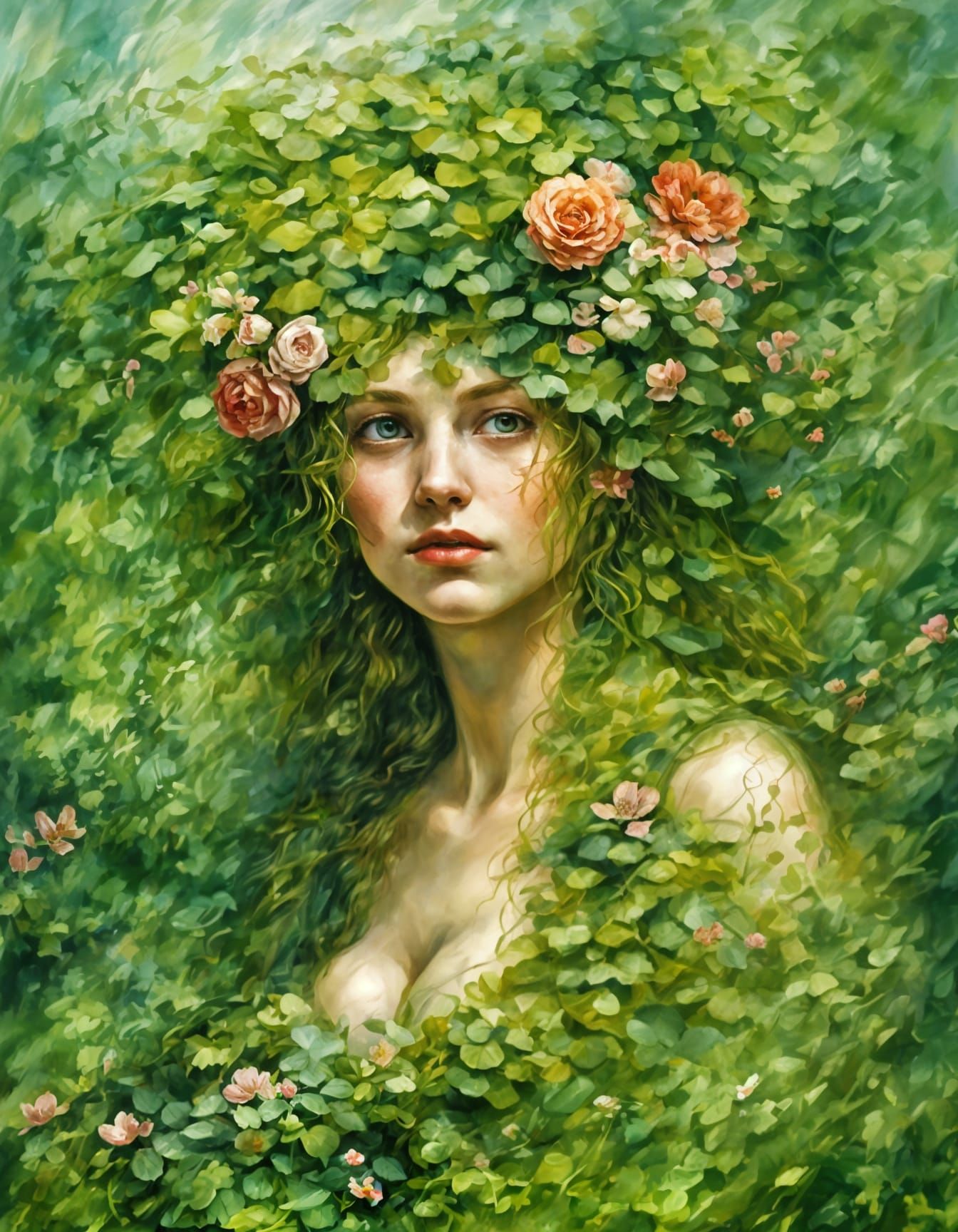 Lush Green Woman in Detailed Impressionism