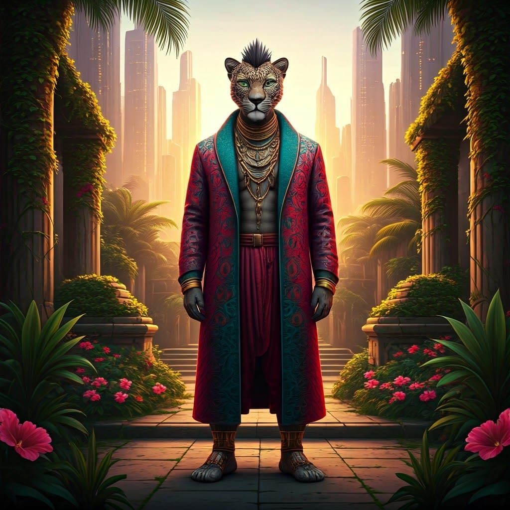 Leopard Man in Afrofuturist Temple Garden