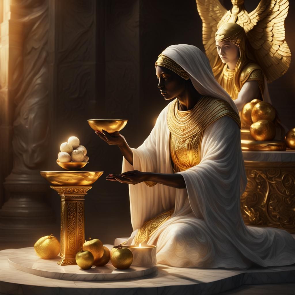 High Priestess Offering Food to a Statue