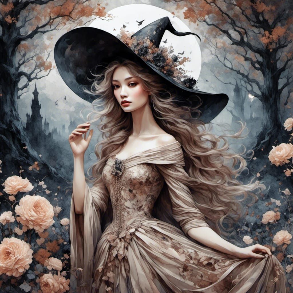 Beautiful Witch in Poison Garden, Ink Art