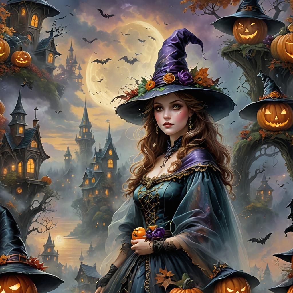 Ethereal Halloween Hat Fantasy in Kinkade Style