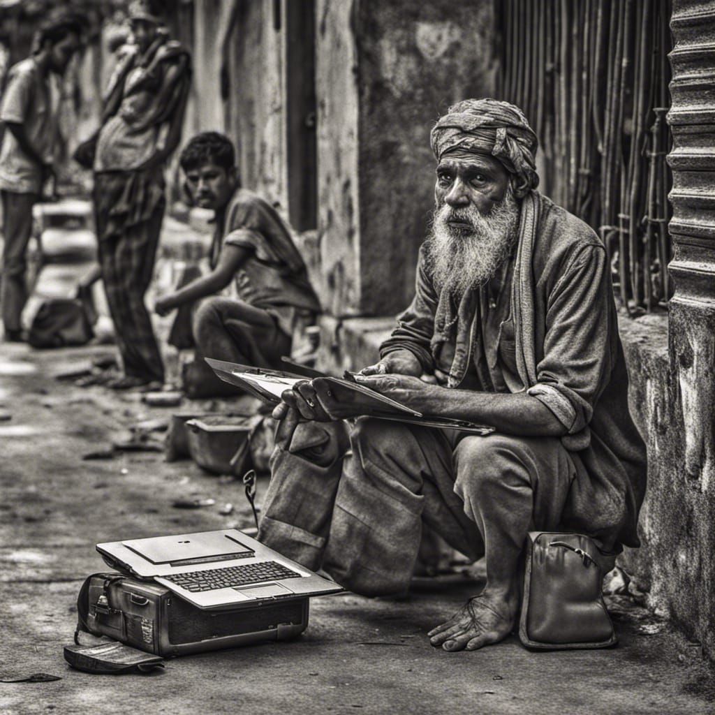 Begger on side of the Indian street with mac book and I phone begging.