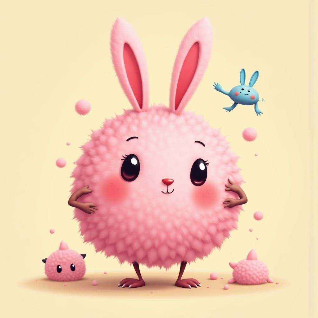Cute Pink Cottonball Bunny Character in Digital Art