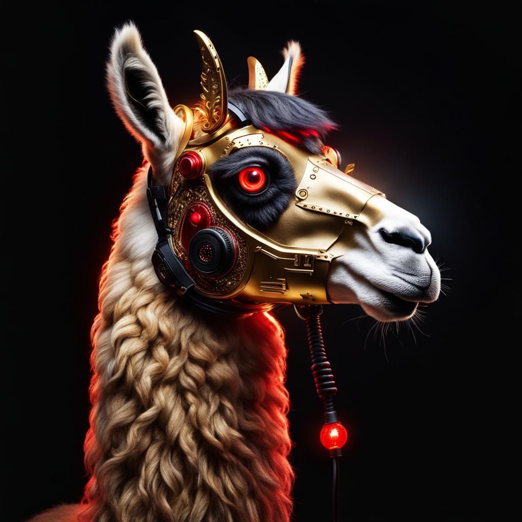 Golden Cyborg Llama with Ceramic Head
