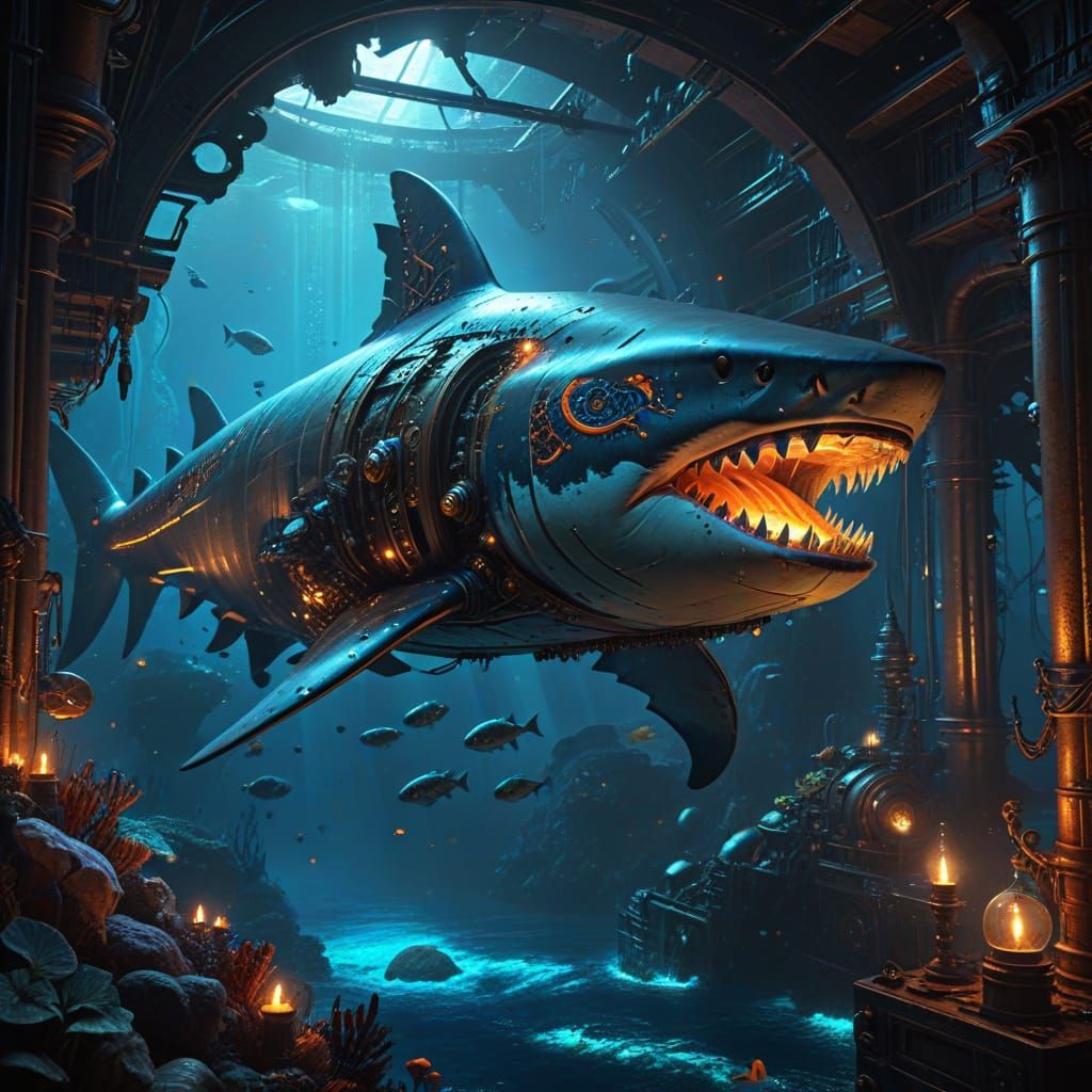 Steampunk Shark Submarine in Abyssal Waters