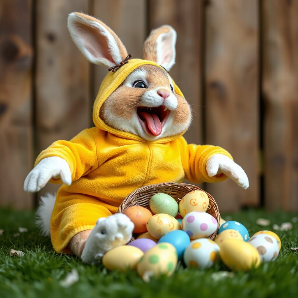 Laughing Easter Bunny in Duck Costume