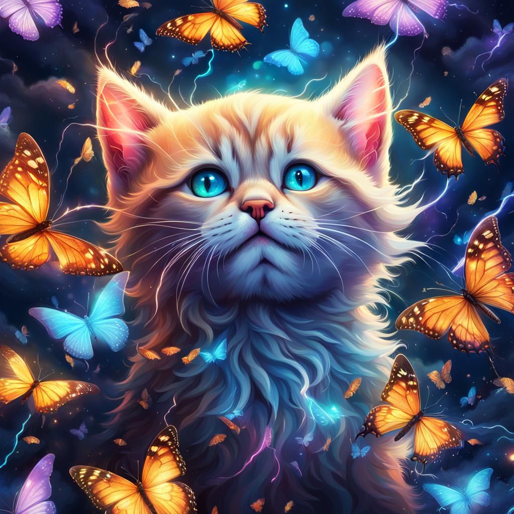 Sparkling Kittens and Butterflies in Hyperrealistic Splash A...