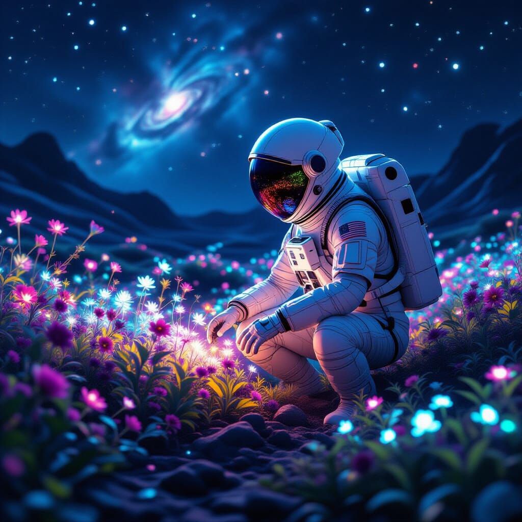 Astronaut Tends Alien Garden on Moon Under Nebula Glow
