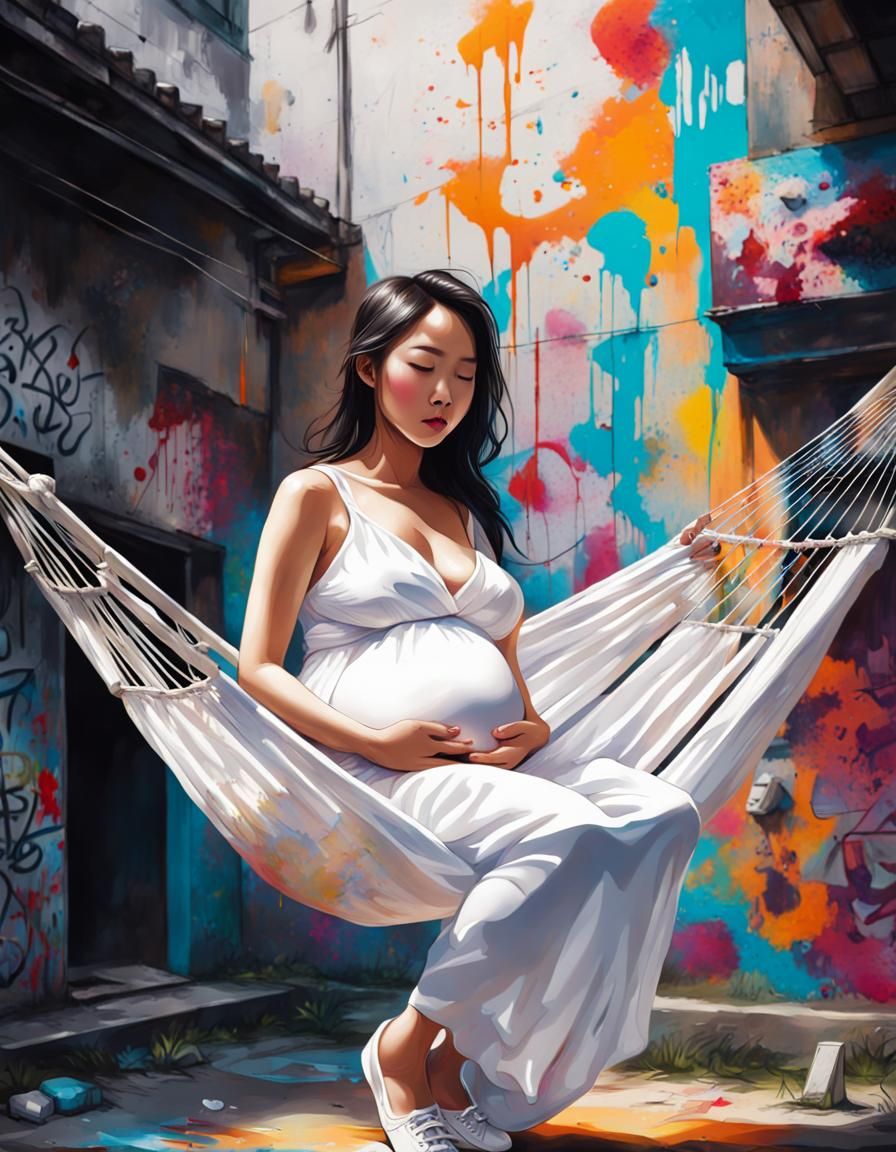Pregnant Woman in Hammock Amidst Graffiti Art